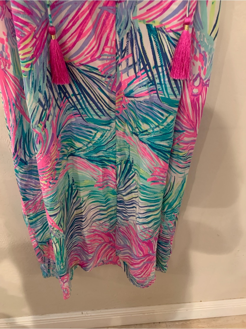 Lilly Pulitzer Silk Pink, Teal & Blue Tropical Palm Branch Print Midi Dress M - Picture 4 of 9